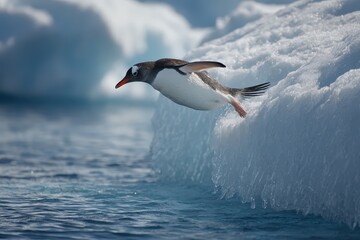 Gentoo Penguin leaps off iceberg into the water at Cuvervil, showcasing its agile diving abilities in a stunning Antarctic environment