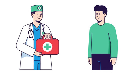 Fototapeta premium Doctor and Patient: A healthcare professional, holding a medical kit, stands attentively before a patient, emphasizing the compassionate care and support in the field of medicine.