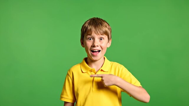 Excited blond boy points to himself with surprised expression on green screen background for educational and promotional purposes