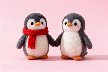 Fototapeta premium Cute Pair of Needle Felted Wool Penguins Holding Hands on Pink Background; Adorable Handmade Animal Couple with Red Scarf for Valentine's Day or Romantic Greeting Card Concept