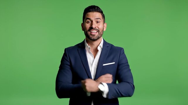 Handsome business man smiling confidently wearing a blue suit on green screen background stock video footage