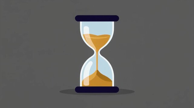 Hourglass with yellow sand flowing from top bulb to bottom bulb against a gray background time timer