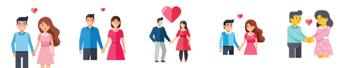 Obraz premium A flat design illustration of a couple holding hands on Valentine’s Day, simple and minimal, no outline, modern bright colors, plain white background
