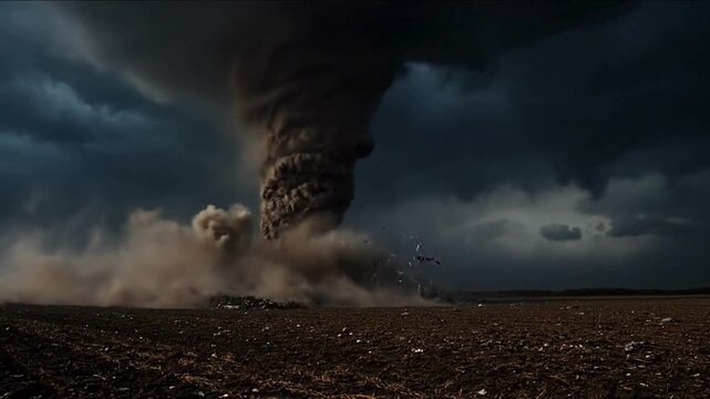 A powerful tornado rages across a barren landscape, with dark, ominous clouds swirling above. The intense vortex of wind and debris dominates the scene, creating a dramatic and foreboding atmosphere.
