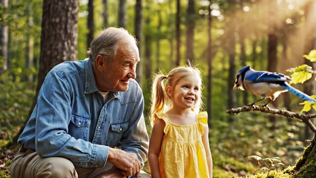 An elderly man and a young girl observe a blue jay in a sunny forest. This scene captures a moment of wonder and intergenerational bonding in nature. Perfect for family and nature themes.