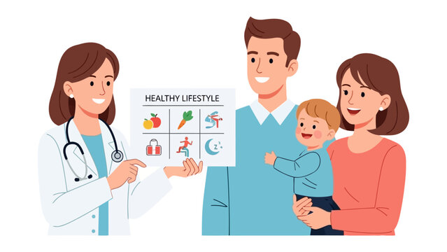 Guidance for a Healthier Tomorrow: A healthcare provider illustrates the principles of a healthy lifestyle to a family, promoting wellness and informed decision-making for a balanced life.