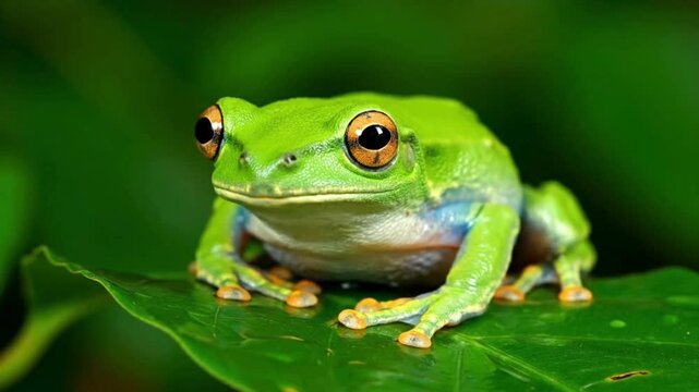 A vibrant green frog, with alert eyes, rests peacefully on a lush leaf, showcasing the vibrant world of amphibian life.