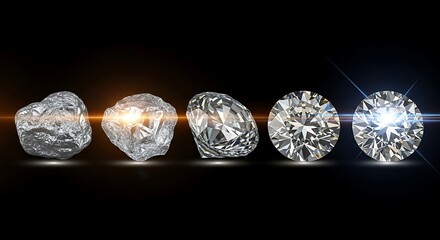 Collection of sparkling diamonds in various cuts and stages of polish on a dark background.