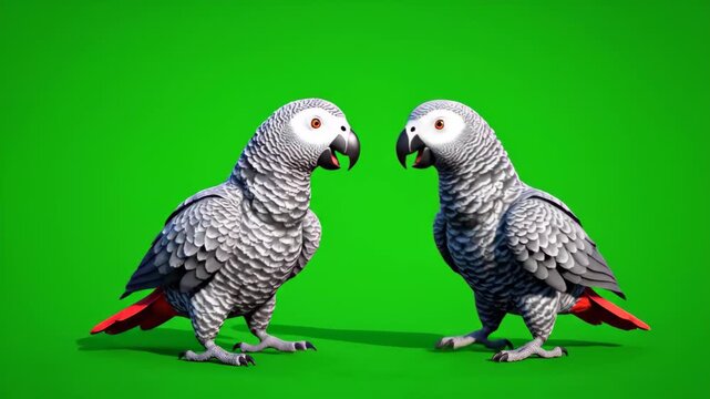 Two african grey parrots facing each other on green screen pet bird wildlife