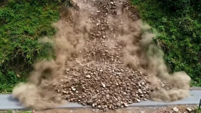 An impactful visual of a powerful landslide crashing down onto a road. The scene evokes the raw force and untamed nature's power.