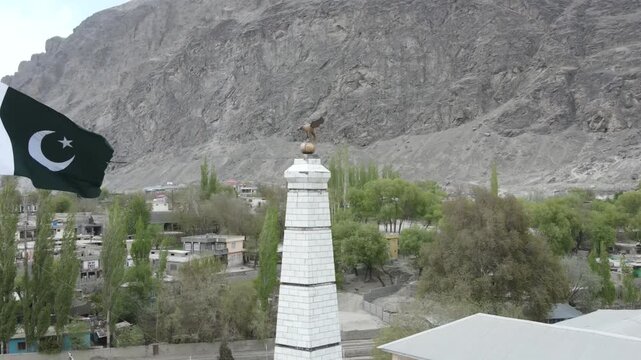 Drone orbiting around Yadgar-e-Shuhda (Martyrs Monument), located in Skardu, Pakistan 4K aerial clip- Drone Video.