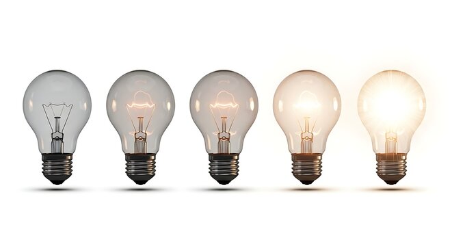 Five light bulbs in a row showing a progression of illumination from off to fully lit.