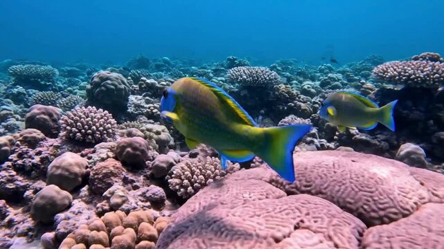 A vibrant marine life scene, featuring a parrotfish swimming gracefully through a kaleidoscope of coral. Crystal clear water, and a colorful ecosystem.