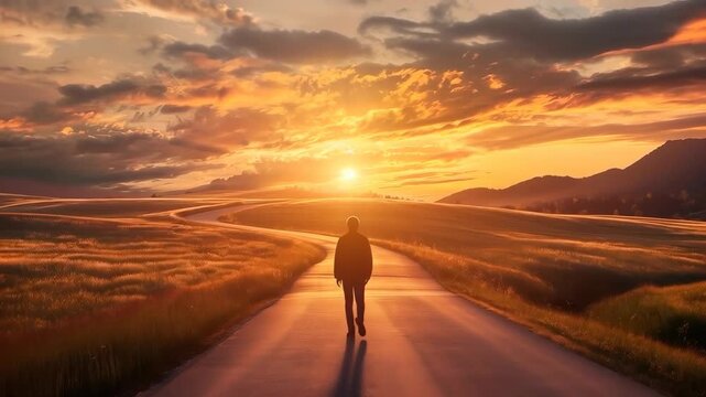 Solitary figure walking along a winding country road into the warm light of a beautiful sunset