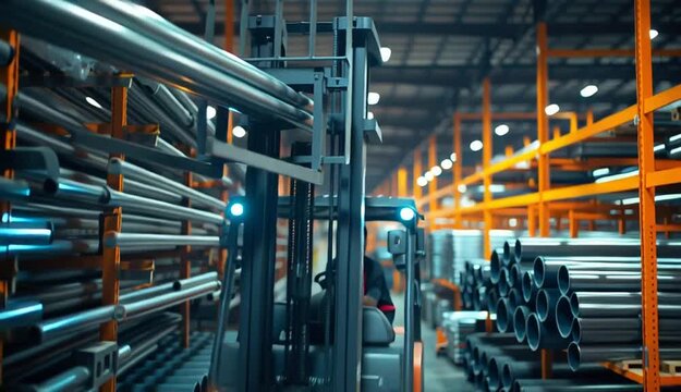 Industrial warehouse with stacked metal pipes and tubes, blue-gray steel cylinders arranged in rows, orange shelving racks with warm ceiling lights, factory floor perspective