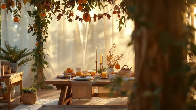 Sukkot festive table setting with changing light and shadows