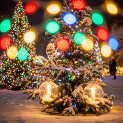 Christmas trees with colorful lights on a snowy night