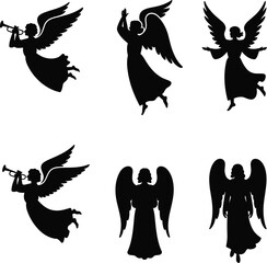 Black silhouettes of angels in various poses on white background © MdSar