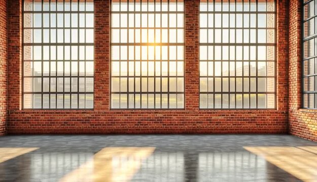 Empty industrial loft interior with exposed red brick walls, large factory-style grid windows with natural sunlight streaming in, polished concrete floor with reflections
