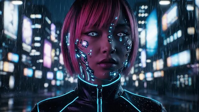 Cyberpunk cyborg woman portrt with glowing neon circuitry stands in the dark rny futuristic metropolis street