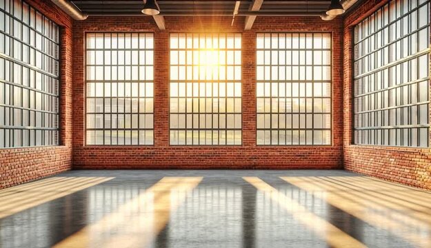 Empty industrial loft interior with exposed red brick walls, large factory-style grid windows with natural sunlight streaming in, polished concrete floor with reflections
