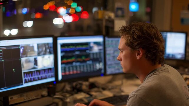 Technician in a sleep lab analyzing polysomnography charts on one screen with various other blurred monitoring displays in the background during early morning hours.
