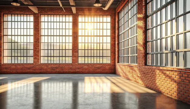 Empty industrial loft interior with exposed red brick walls, large factory-style grid windows with natural sunlight streaming in, polished concrete floor with reflections
