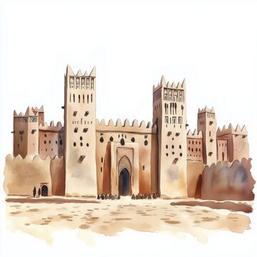 Djenne Mosque. Djenne Mosque hand drawn watercolor illustration on white background