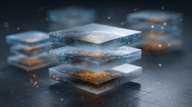 Stacked digital data layers representing big data visualization. Technology concept for cloud computing, blockchain, or data storage.