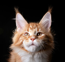 Beautiful cute maine coon kitten on blue background in studio, isolated.