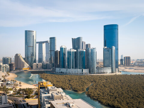 High Angle View of Reem Island Skyline in Abu Dhabi United Arab Emirates