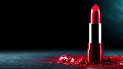 A striking image featuring a bold red lipstick beautifully positioned on a dark surface, evoking feelings of glamour and allure with its rich color and shine.