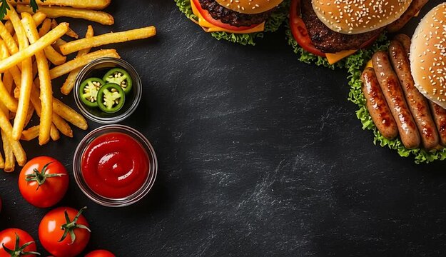 Fast food flat lay on dark slate background, cheeseburgers with sesame seed buns, grilled sausages, golden french fries, ketchup in glass bowls, 
sliced jalapenos in bowl, fresh tomatoes on vine, par
