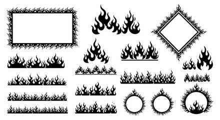 Obraz premium A comprehensive collection of black silhouette fire and flame elements, including decorative borders, dividers, and various stylized flame shapes.