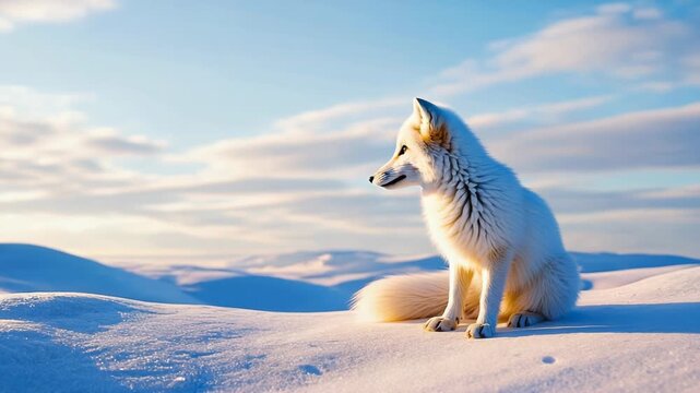 Arctic fox sitting in a snowy winter landscape with warm sunlight and blue sky, displaying its thick white fur coat for camouflage in the wild tundra during a cold polar day