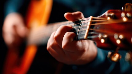 Fototapeta premium A close-up shot of hands skillfully strumming an acoustic guitar highlights the artistry and passion of music, inviting viewers into the melody and rhythm of playing.