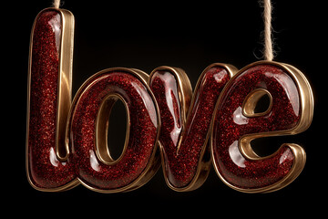 Three dimensional love text with red glitter and gold metallic edges
