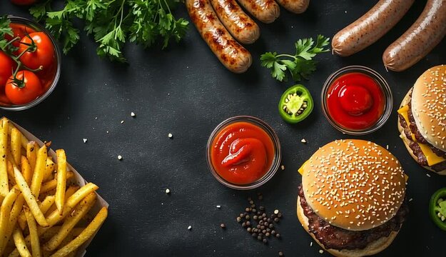 Fast food flat lay on dark slate background, cheeseburgers with sesame seed buns, grilled sausages, golden french fries, ketchup in glass bowls, 
sliced jalapenos in bowl, fresh tomatoes on vine, par