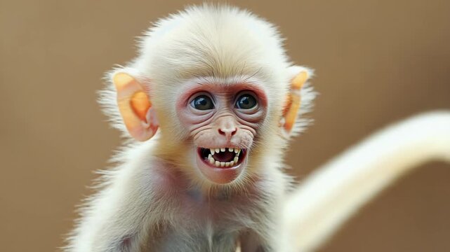 White Hanuman langur sitting on tree branch featuring 2026 color trend Cloud Dancer warm whites. Color of the Year 2026. Cloud Dancer