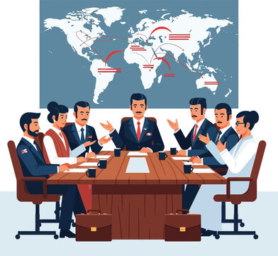 A diverse group of business professionals or diplomats in a meeting discussing global strategy with a world map showing connections in the background.
