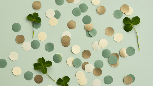 Scattered confetti circles in pastel green, beige, and cream colors, with lucky four-leaf clovers, creating a festive and whimsical background.