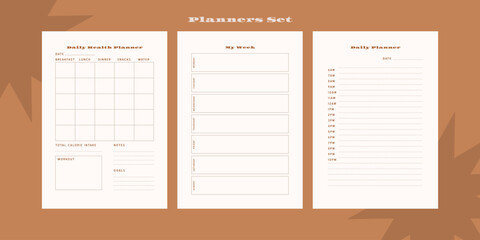 Set of minimalist monochrome abstract planners. Daily, weekly, monthly planner template. Blank printable vertical notebook page with space for notes and goals