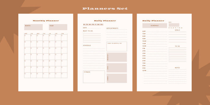 Set of minimalist monochrome abstract planners. Daily, weekly, monthly planner template. Blank printable vertical notebook page with space for notes and goals
