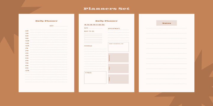Set of minimalist monochrome abstract planners. Daily, weekly, monthly planner template. Blank printable vertical notebook page with space for notes and goals