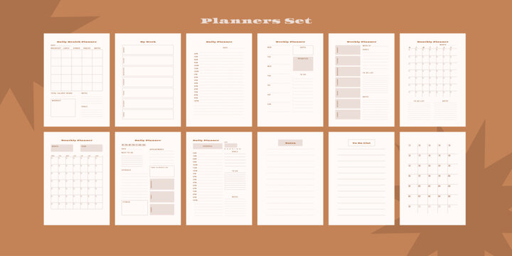 Set of minimalist monochrome abstract planners. Daily, weekly, monthly planner template. Blank printable vertical notebook page with space for notes and goals