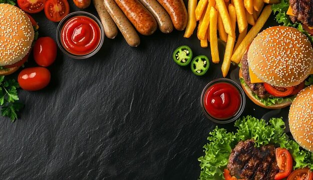 Fast food flat lay on dark slate background, cheeseburgers with sesame seed buns, grilled sausages, golden french fries, ketchup in glass bowls, 
sliced jalapenos in bowl, fresh tomatoes on vine, par