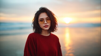 Fototapeta premium A serene moment captured of a woman standing on the beach during sunset, wearing stylish sunglasses, embodying relaxation and joy amidst the natural beauty of golden hour.