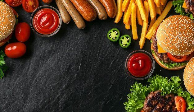 Fast food flat lay on dark slate background, cheeseburgers with sesame seed buns, grilled sausages, golden french fries, ketchup in glass bowls, 
sliced jalapenos in bowl, fresh tomatoes on vine, par