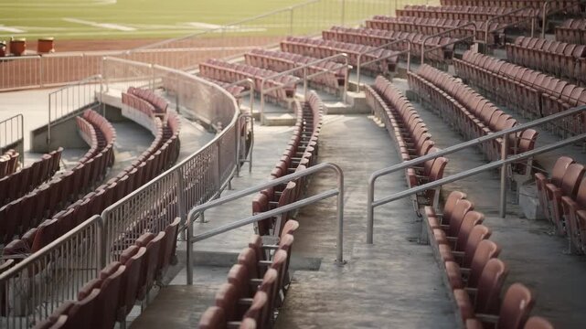 Medium shot of a lower bowl grandstand section showcasing rows of deep red seats with aisles and railings the field partially visible in soft focus beyond.