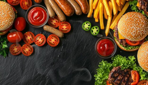Fast food flat lay on dark slate background, cheeseburgers with sesame seed buns, grilled sausages, golden french fries, ketchup in glass bowls, 
sliced jalapenos in bowl, fresh tomatoes on vine, par